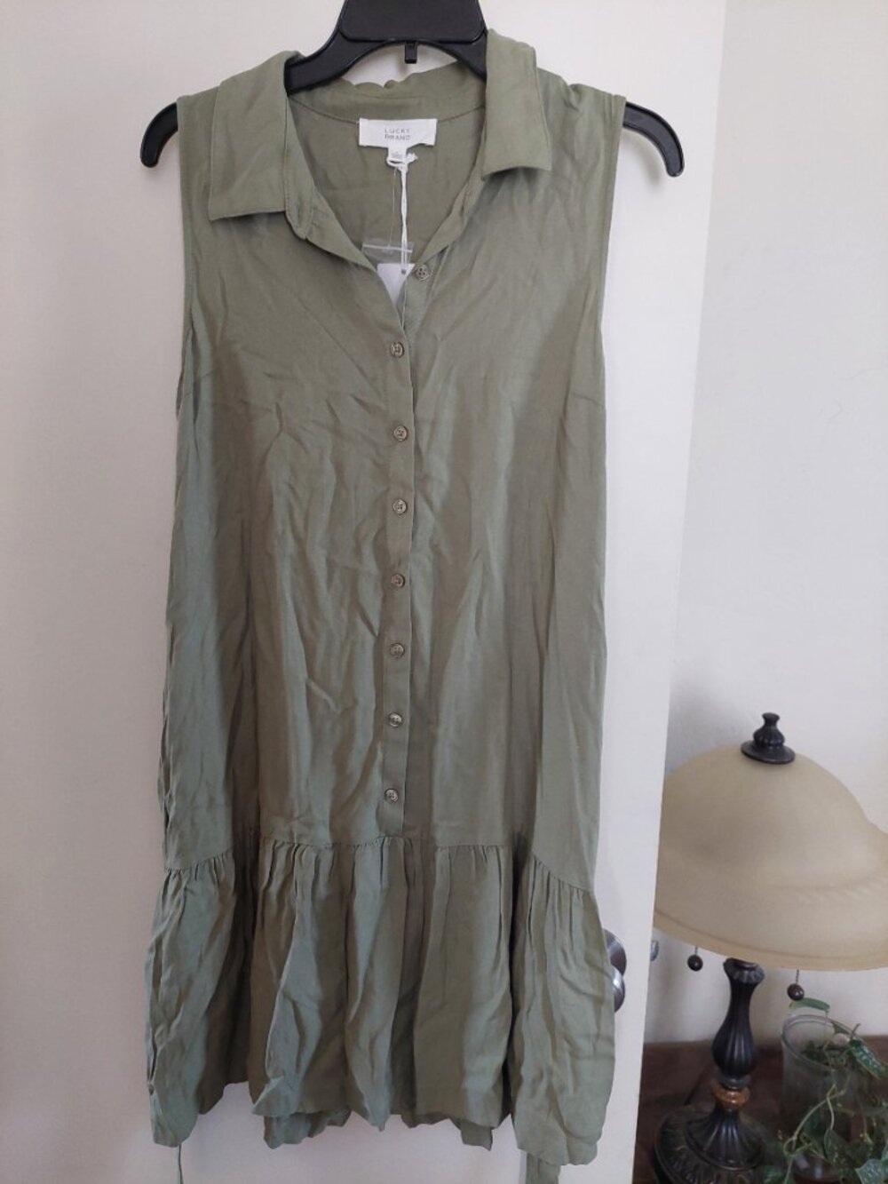 Lucky Brand Olive Green Sleeveless Button-Front Midi Dress with Tie Waist